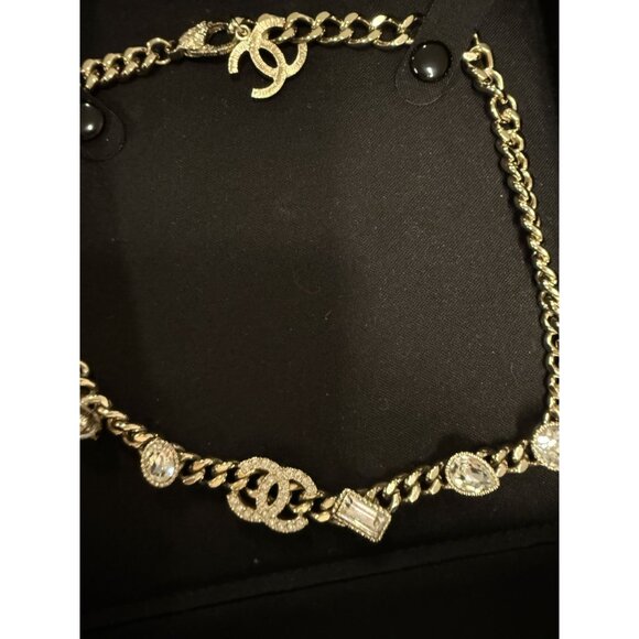 Chanel Gold-Tone Crystal Embellished Chain Necklace With CC Logo Pendant - Picture 6 of 11